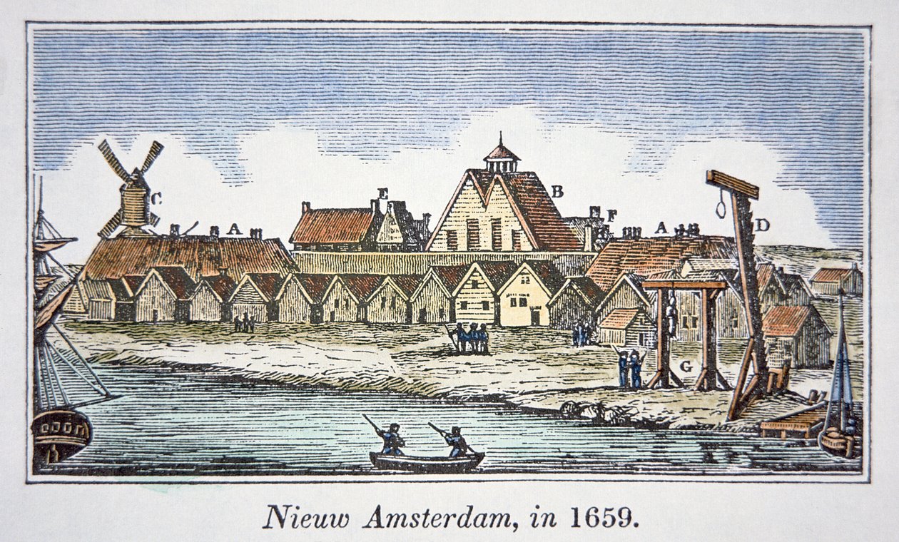 New Amsterdam (senare New York) på Manhattan Island, från en vy publicerad 1659 (färg litho) av School American