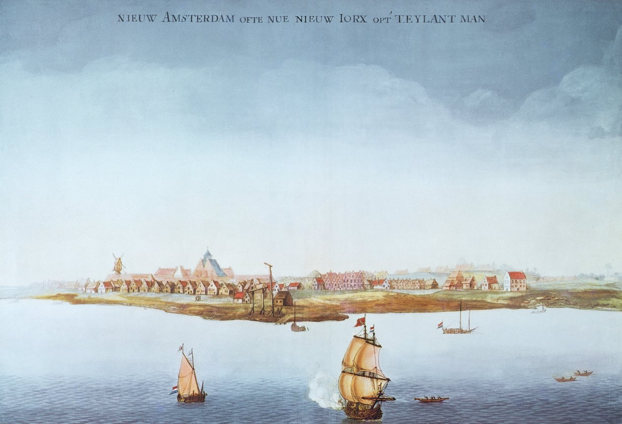 New Amsterdam på Manhattan Island 1650 (färg litho) av School American