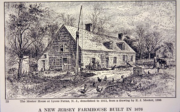 Bondgård i New Jersey byggd 1676, efter en teckning från 1886 av E. J. Meeker (litho) av School American