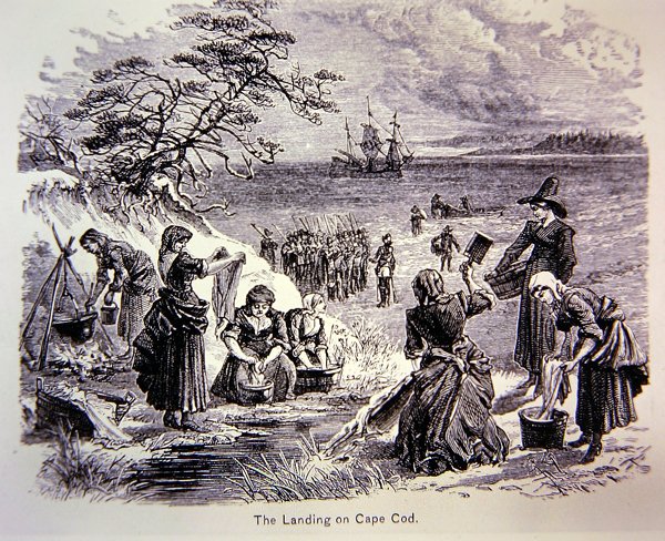 Pilgrim Fathers Land in America 1620 - Landningen vid Cape Cod som visar kvinnor i arbete (litho) av School American