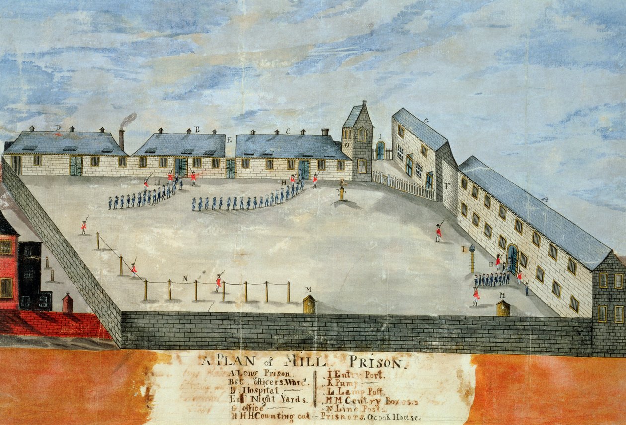 Plan över Mill Prison, sent 1700-tal eller tidigt 1800-tal (akvarell  tusch på papper) av School American