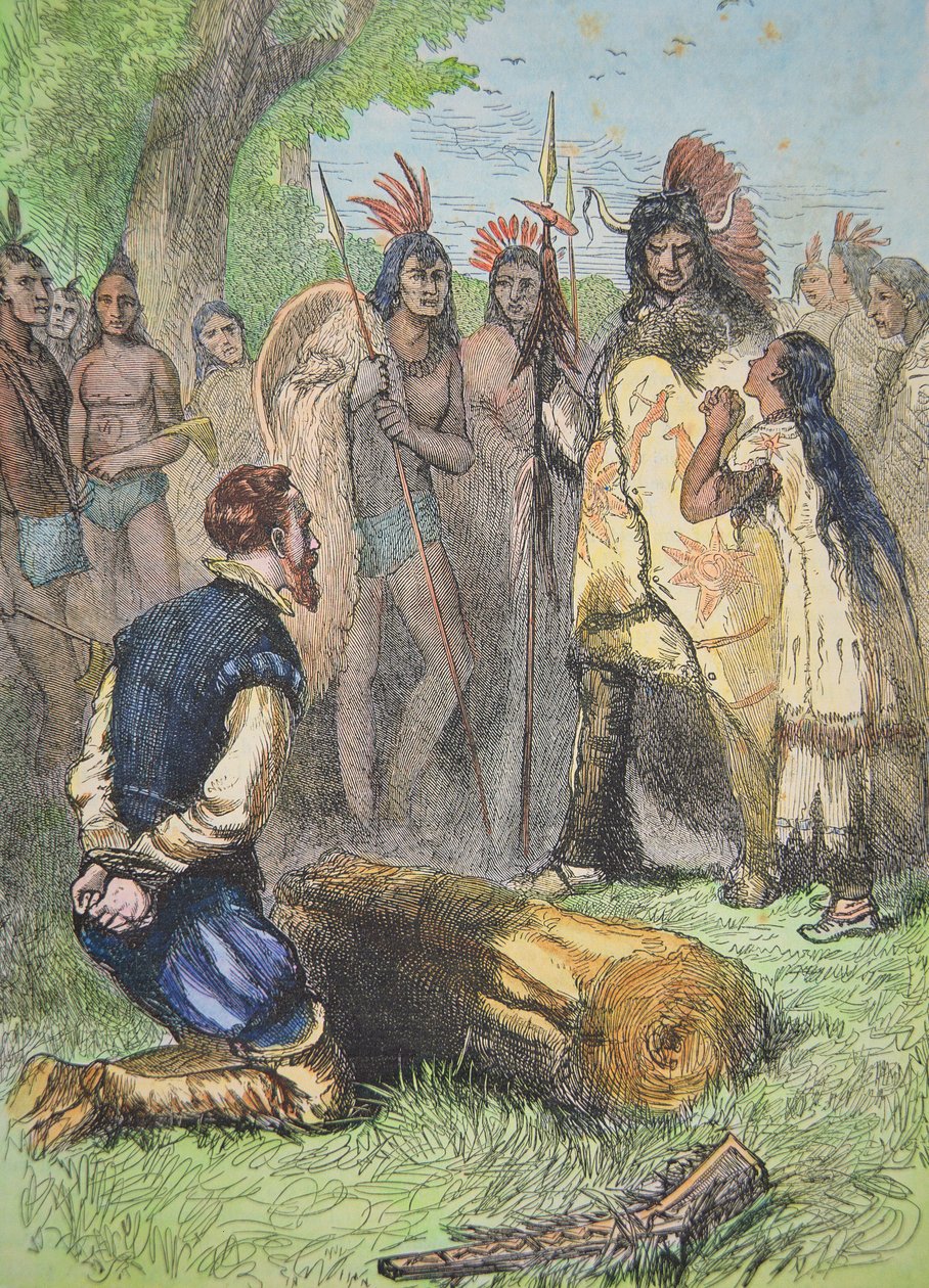 Pocahontas räddar livet på John Smith (färgad gravyr) av School American