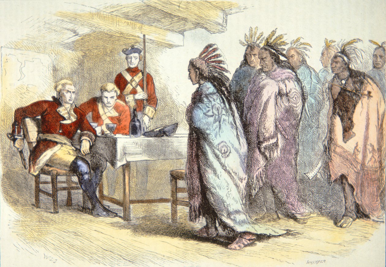 Pontiac besöker major Gladwin i Fort Detroit 1763 (färg litho) av School American