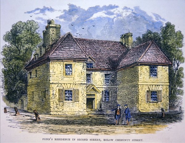 William Penns bostad i Second Street, nedanför Chestnut Street, Philadelphia (färg litho) av School American