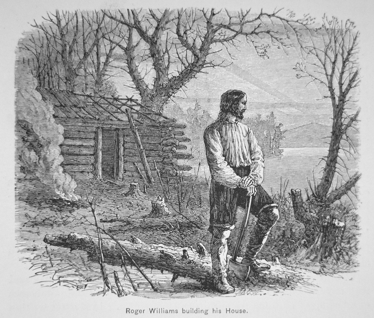 Roger Williams bygger en stuga vid Seekonk River (litho) av School American