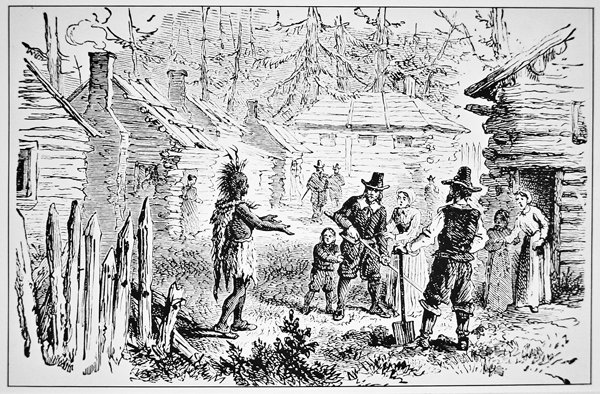 Samoset, hövding för Pemaquiderna besöker pilgrimsfäderna 1621 (litho) av School American