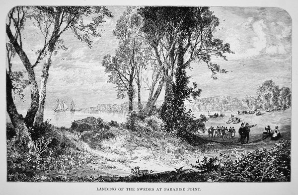 Svenska nybyggare landar vid Paradise Point vid Delawarefloden 1638 (litho) av School American