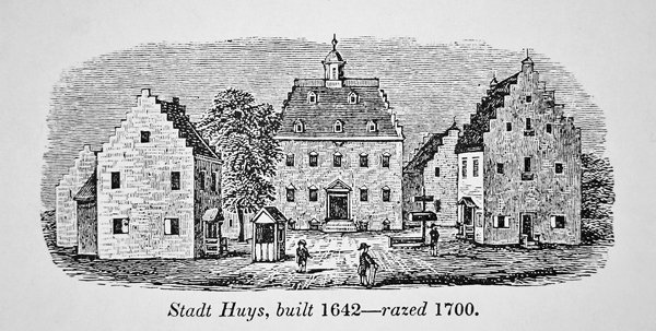 Den holländska Stadt Huys, New Amsterdam (New York), byggdes 1642 och raserades 1700 (litho) av School American