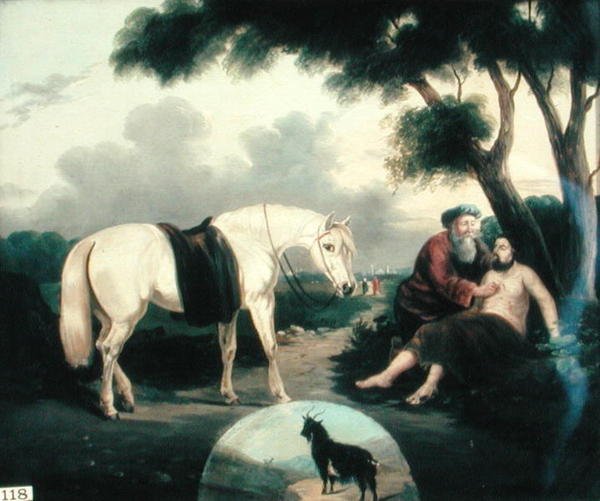Den barmhärtige samariten (olja på duk) av School American