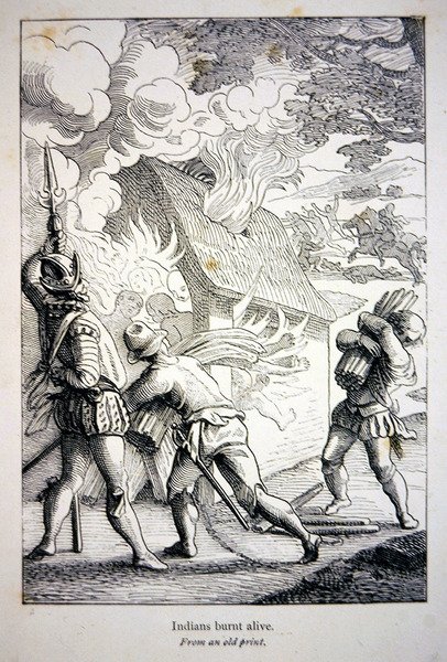 Spanjorerna i Amerika bränner en indisk by (litho) av School American