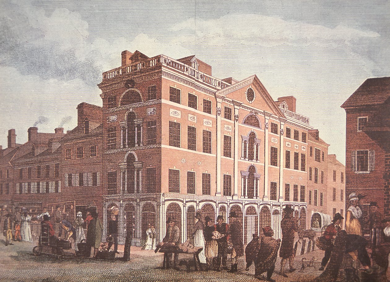Hörnet av Third and Market Streets, Philadelphia (färg litho) av School American