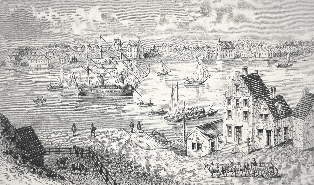 Färjan, New York, ca 1750 (litho) av School American