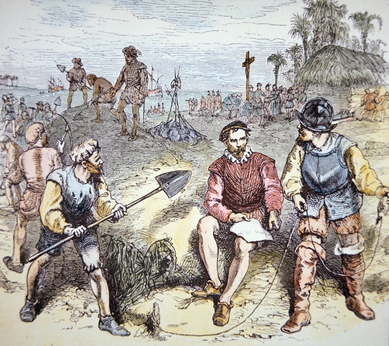 Grundandet av St. Augustine i Florida av spanjorerna 1565 (färg litho) av School American