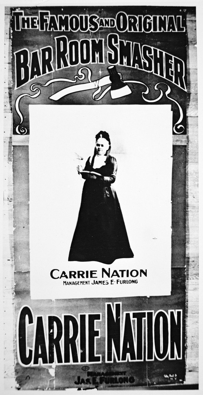 Teateraffisch som föreställer Carry Nation (1846-1911) som håller sin destruktiva yxa (litho) av School American