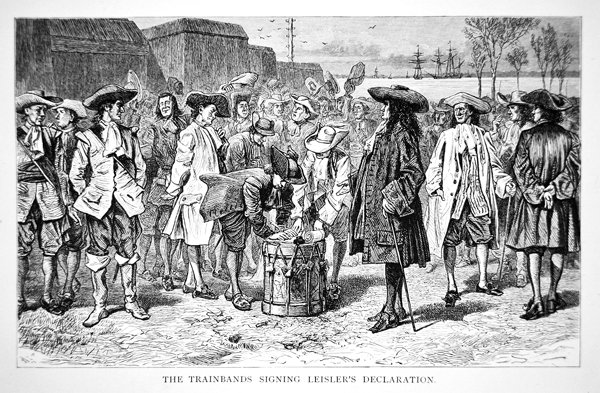 Tågband som undertecknade Leislers deklaration 1689 (gravyr) av School American