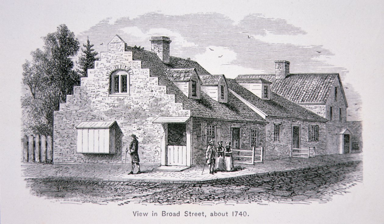 Utsikt över Broad Street, New York City ca 1740 (litho) av School American