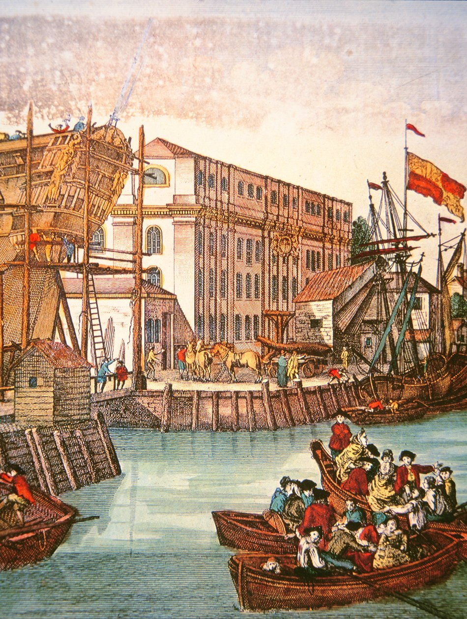 Utsikt över New Yorks hamn i mitten av 1700-talet (färg litho) av School American