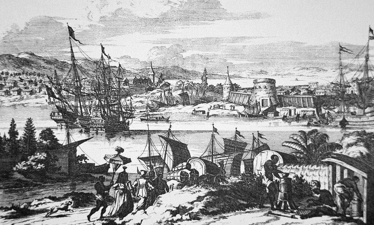 Utsikt över St. Augustine, Florida på 1600-talet (litho) av School American