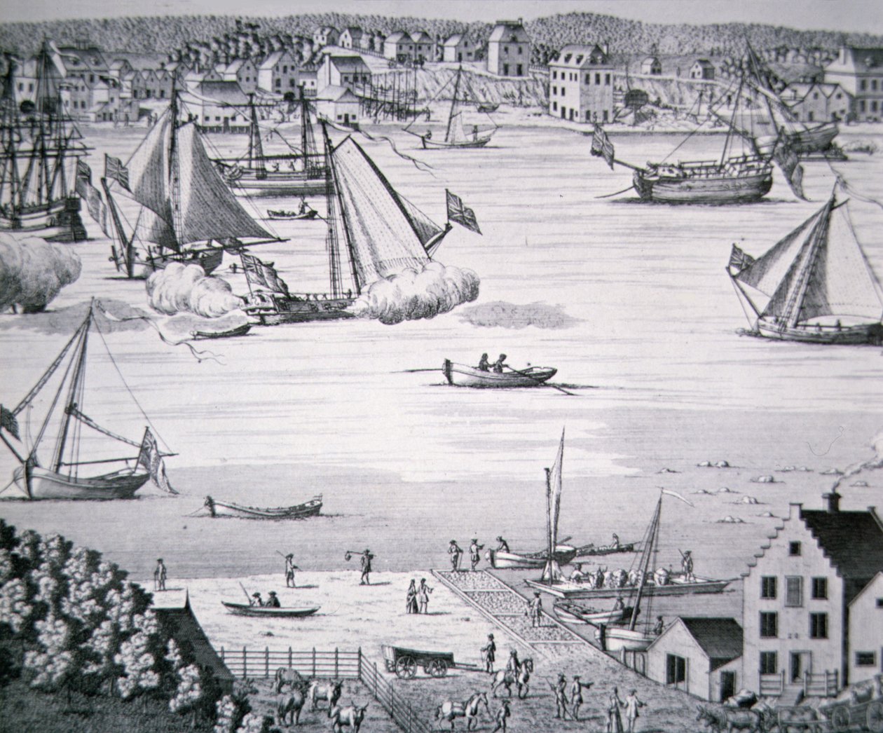 Utsikt över East River, New York ca 1750 med ett skeppsbyggnadscentrum (litho) av School American