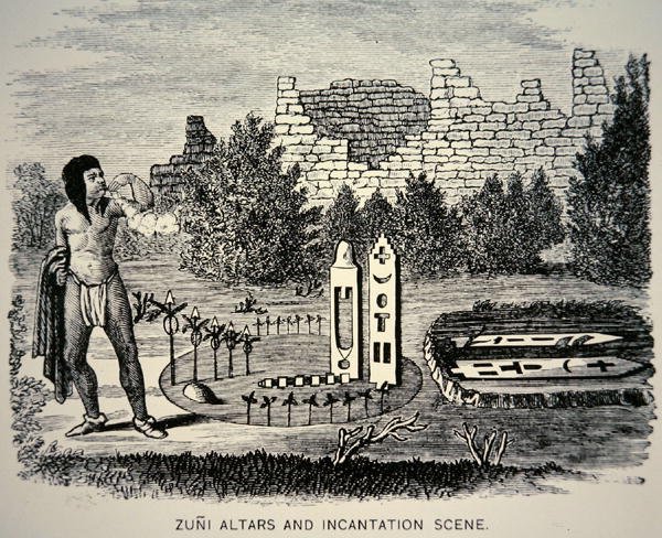 Zuni Tribesman blåser pollen över en Pueblo-helgedom (gravyr) av School American