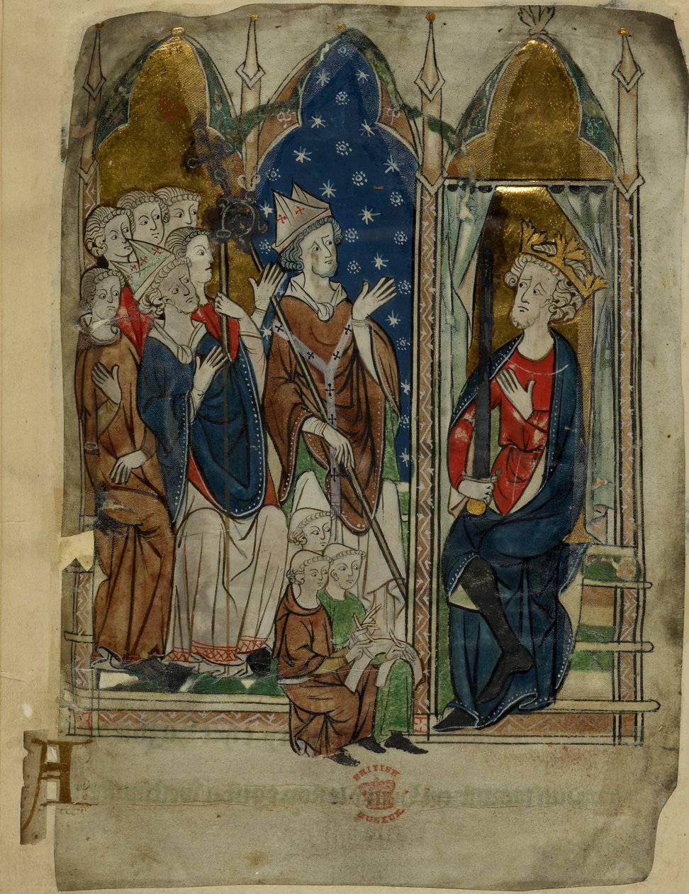 Cotton Vitellius A. XIII f.6v kung Edward I sittande med sitt hov och tjänstemän, från 