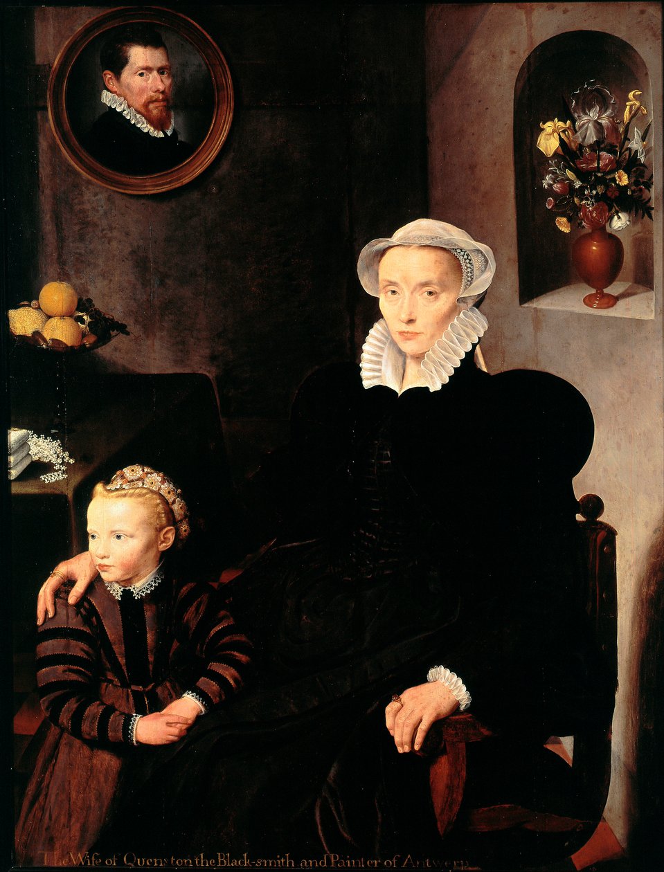 Porträtt av smedens och målarens hustru från Antwerpen Quenston med sitt barn. Mamman klädd i svart, bär krage och huvudbonad. Målning av skolan i Antwerpen. 1576 Dim. 136x108 cm Paris, Louvren av School Antwerp