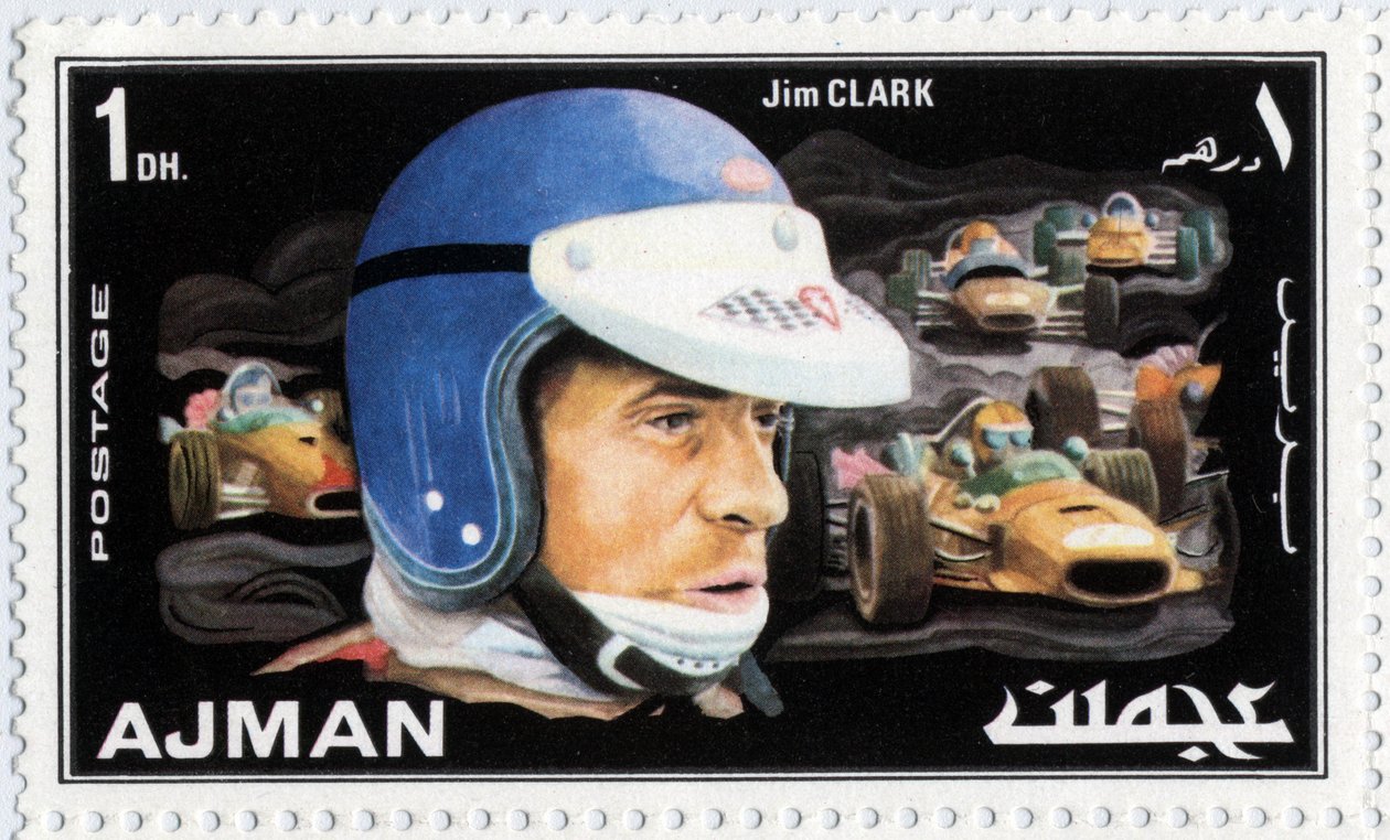 Emirates Arab Units stämpel som representerar den skotske bilföraren Jim Clark (1936-1968) av School Arabic