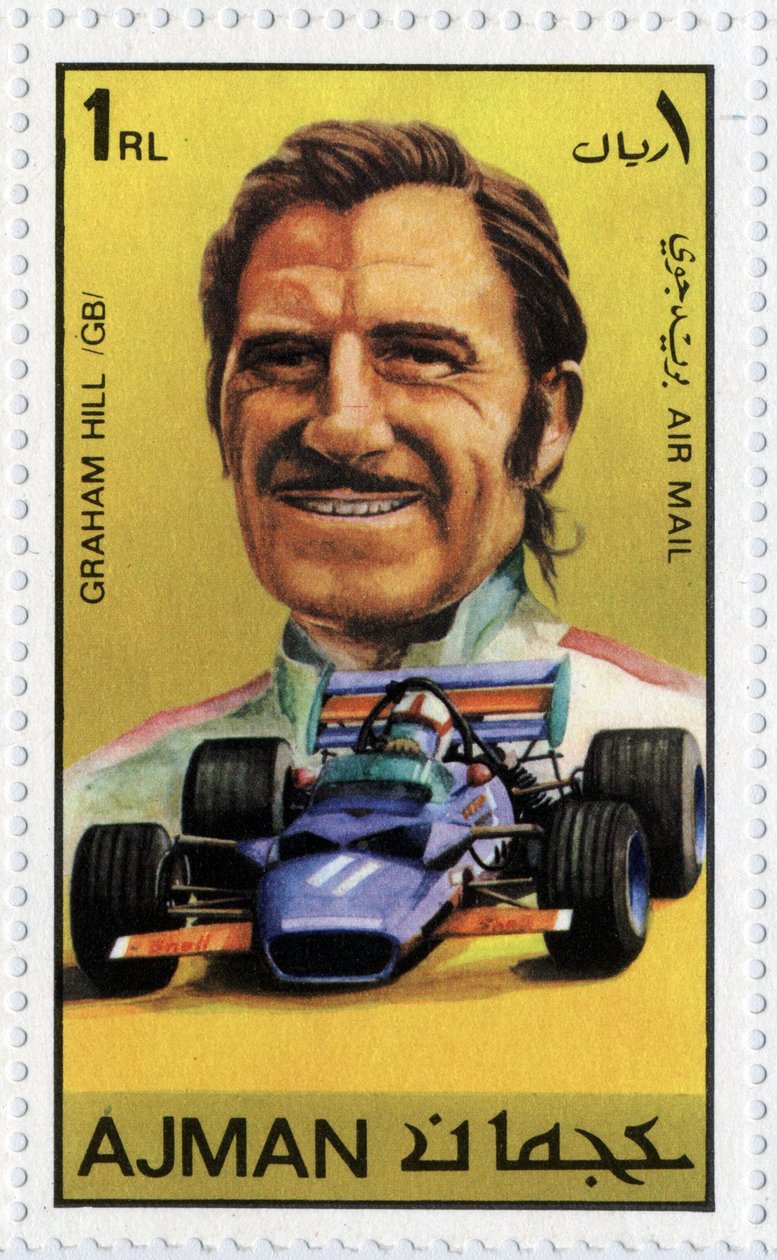 UAE-stämpel som representerar den brittiske bilföraren Graham Hill (1929-1975) av School Arabic