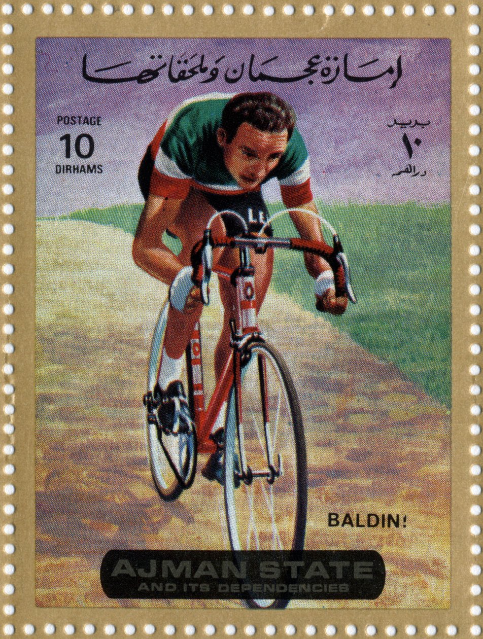 UAE-stämpel som representerar cyklisten Ercole Baldini (Ne 1933). av School Arabic