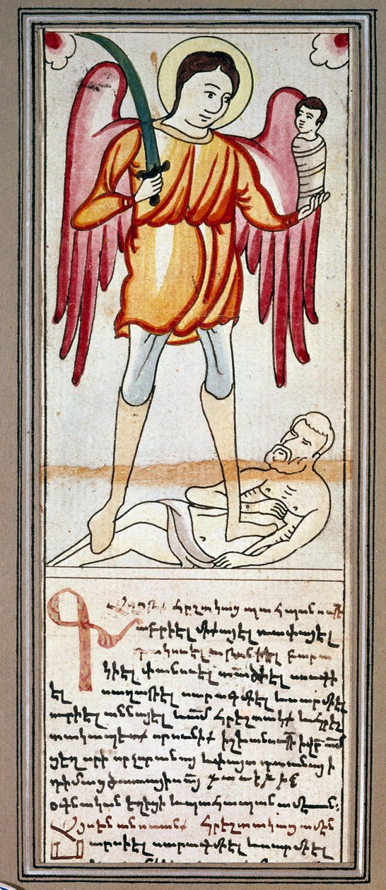 Representation av Saint Michael. Miniatyr från ett armeniskt manuskript. 1800-talets Paris, Armeniska museet av School Armenian