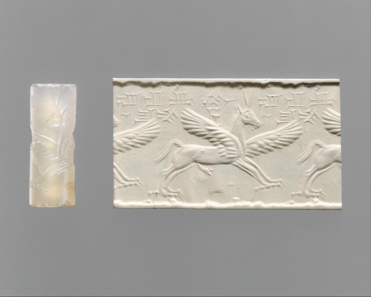 Cylindertätning och modernt intryck: bevingad häst med klor och horn, ca 1300-1200-talet f.Kr. (kalcedon) av School Assyrian