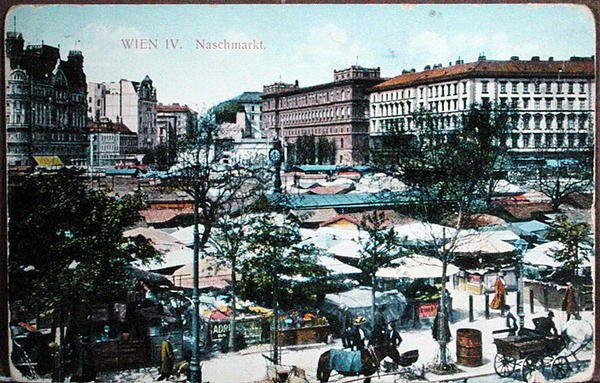 Vykort föreställande Naschmarkt (matmarknad) i Wien, ca 1915 (färg litho) av School Austrian