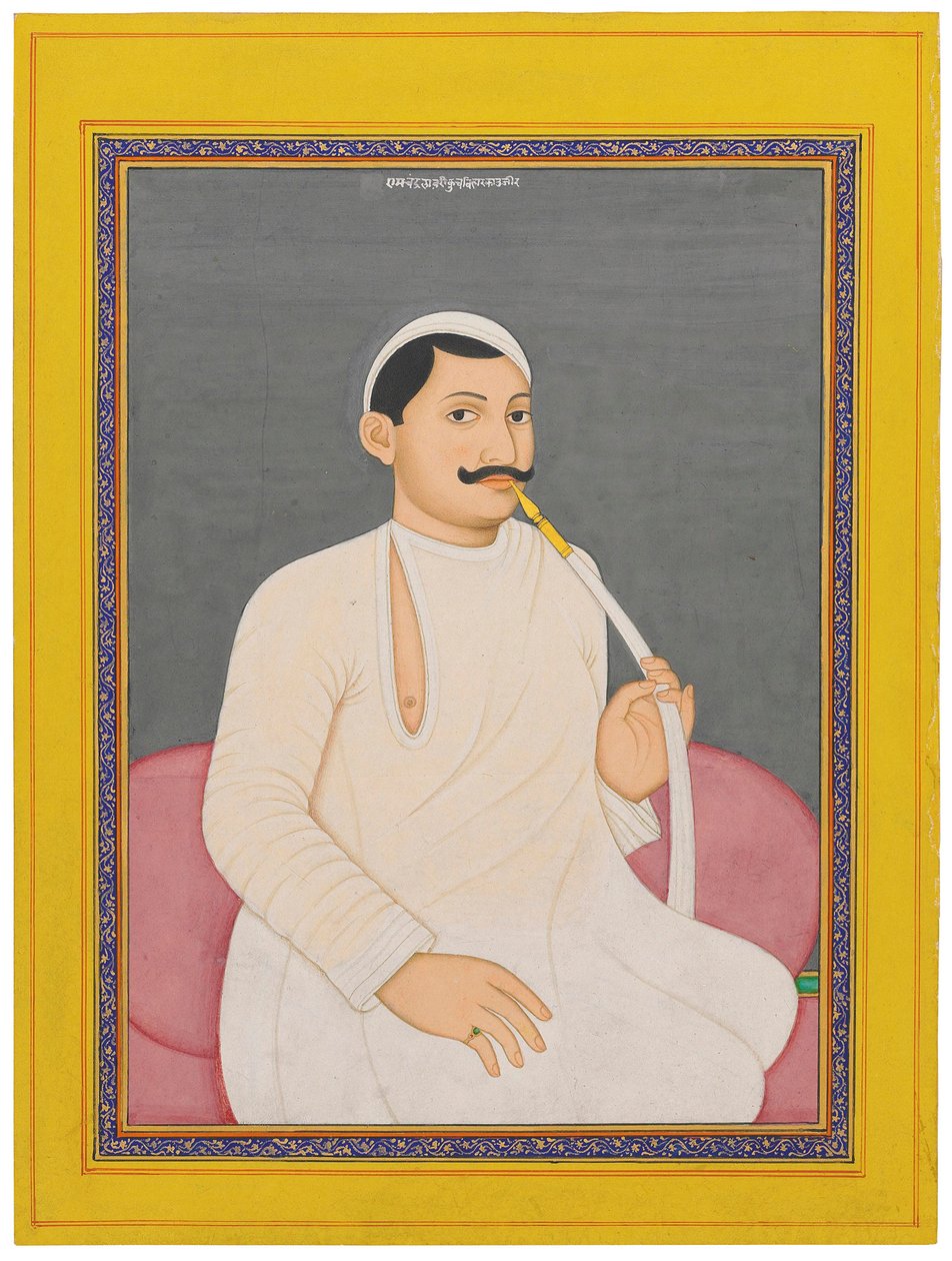 Ett sittande porträtt av Ram Chandra Lahiri, Dewan av Cooch Bewar (1829 - 1842, ca 1840 (ogenomskinliga pigment förhöjda med guld på papper) av School Bengali