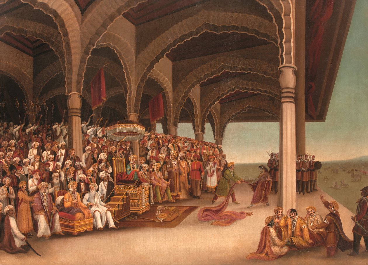 Utan titel (The Disrobing of Draupadi), ca. sent 1800-tal (olja på duk) av School Bengali