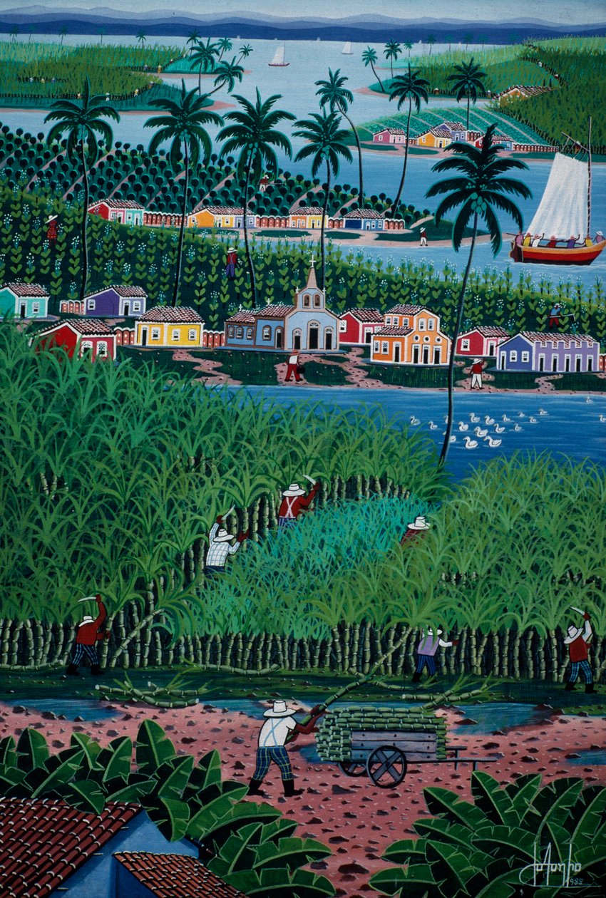 Naiv konstmålning som visar bambuskörd, delstaten Bahia, Brasilien av School Brazilian