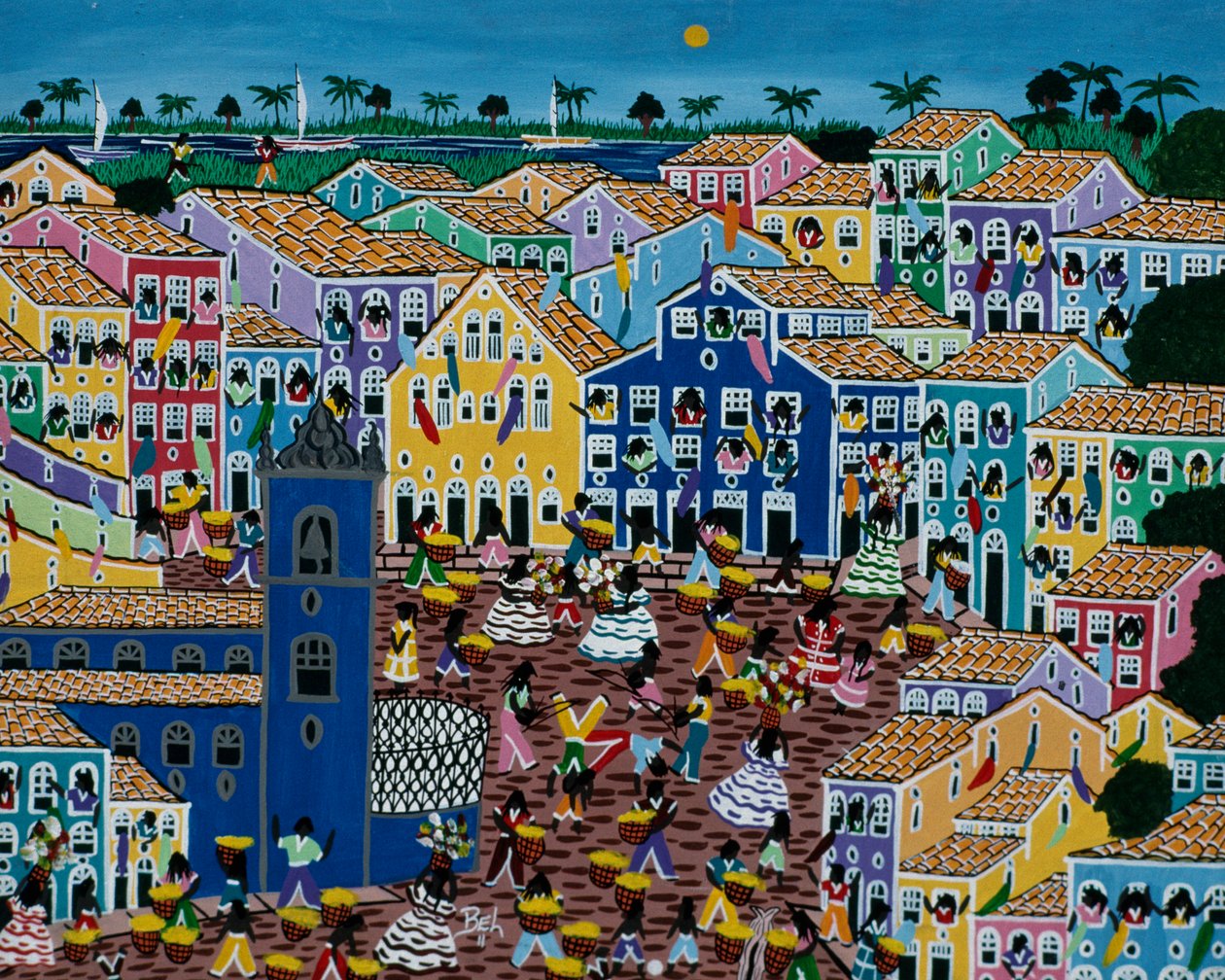Naiv konstmålning som visar marknaden, delstaten Bahia, Brasilien av School Brazilian