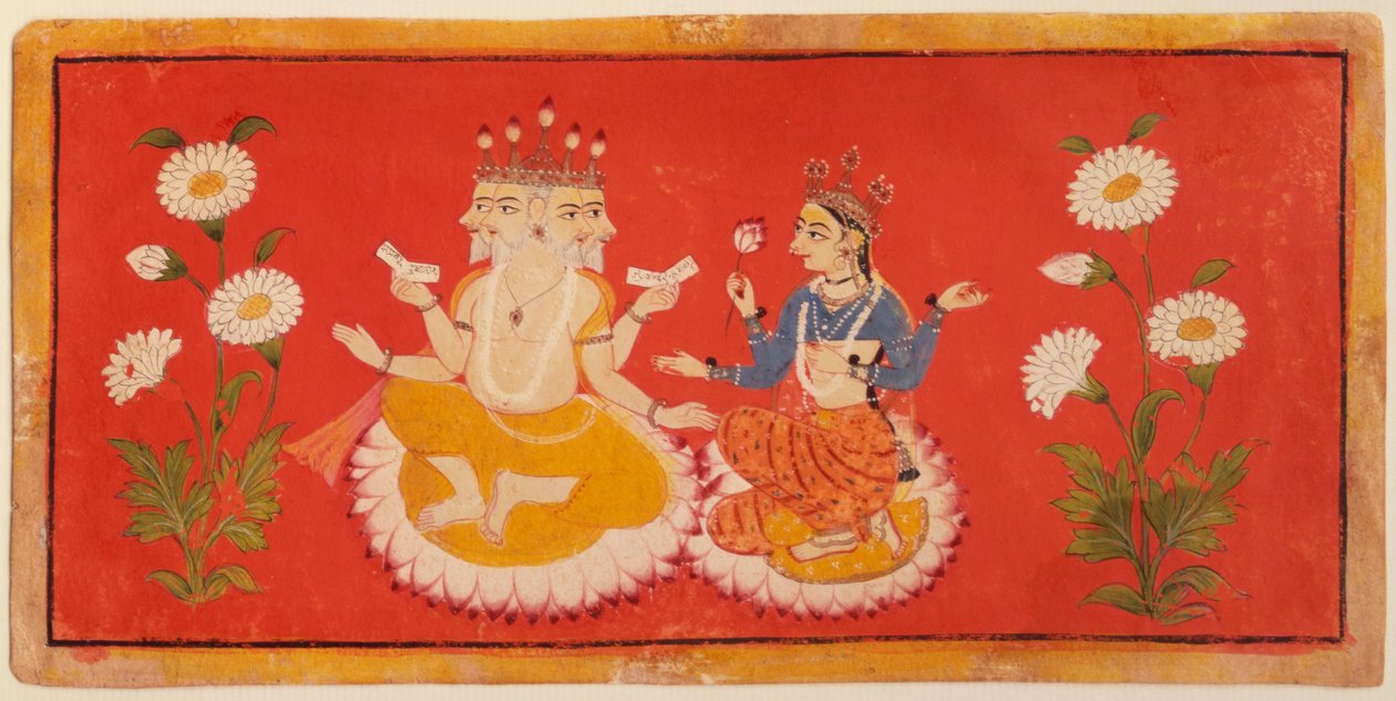Brahma sittande med Saraswati Brahma som håller de fyra veda och Saraswai håller i ett lotusblad, ca 1650 (gouache) av School Bundi