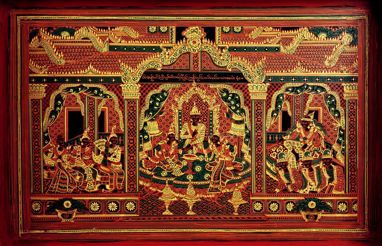 Detalj av en manuskriptkista från Myanmar (lackerat trä) av School Burmese