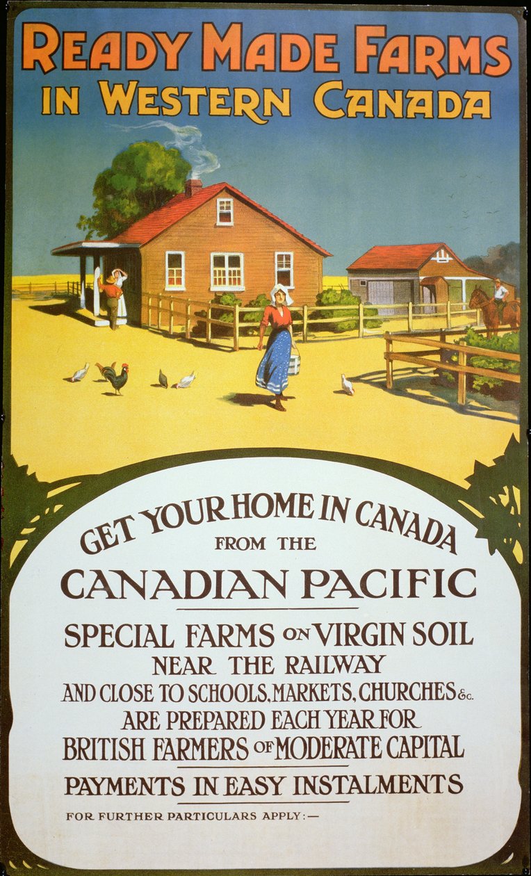 Affischreklam "Färdiggjorda gårdar i västra Kanada", ca 1900 (lito i färg) av School Canadian