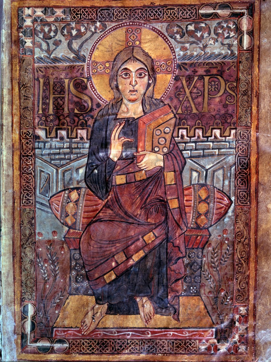 Karolingisk konst: Kristus i majestät (i härlighet). Miniatyr från manuskriptet "Evangeliaire de Godescalc, Ecole du Palais de Charlemagne"" (folio 3) kopia av Godescalc från skattkammaren i Saint-Sernin de Toulouse, Bibliotheque du Louvren, 781-783. BN, P av School Carolingian