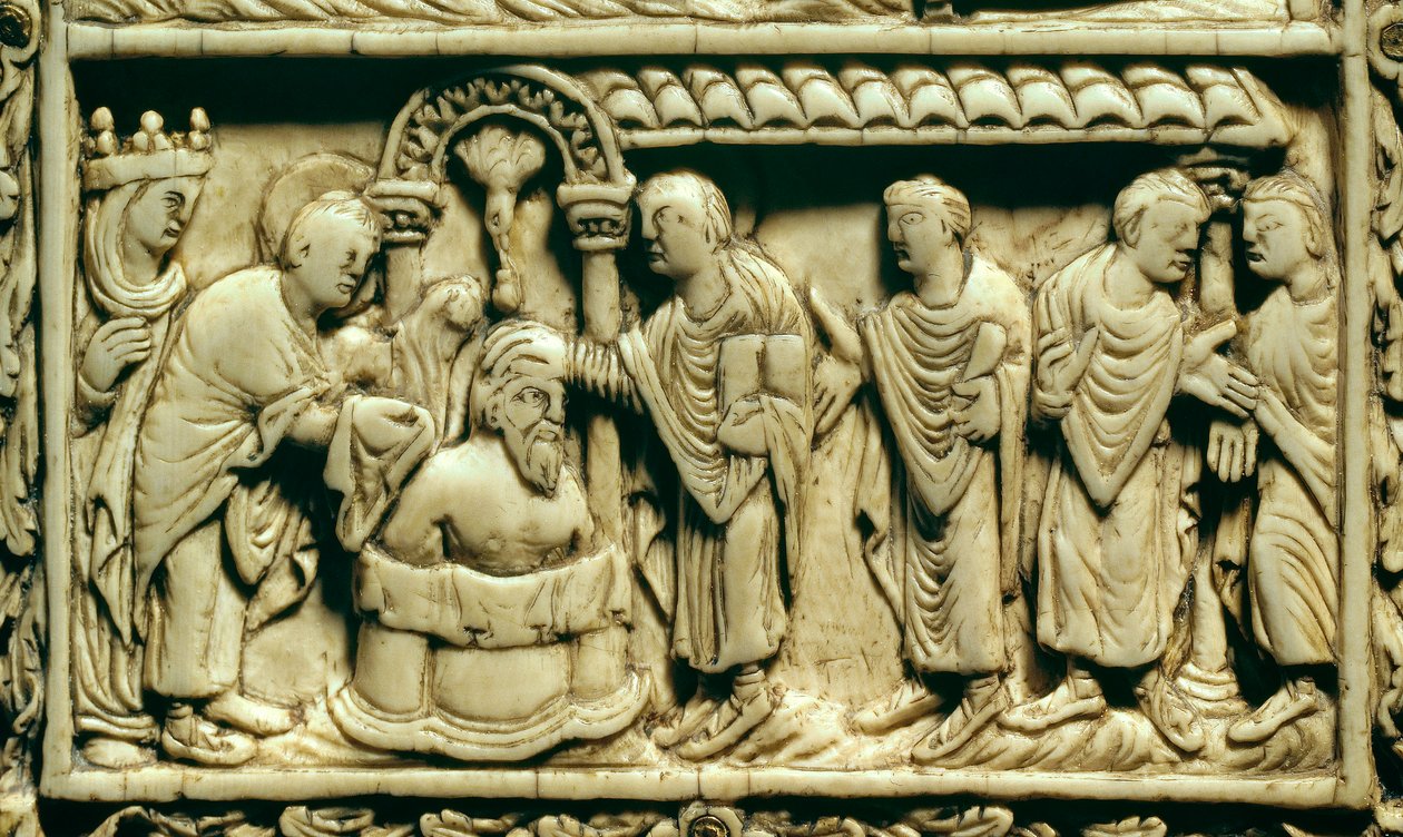 Karolingisk konst: detalj: dopet av Clovis I (466-511) i närvaro av drottning Clothilde den 25/12/498. 9:e århundradet. Amiens, Picardiemuseet. av School Carolingian