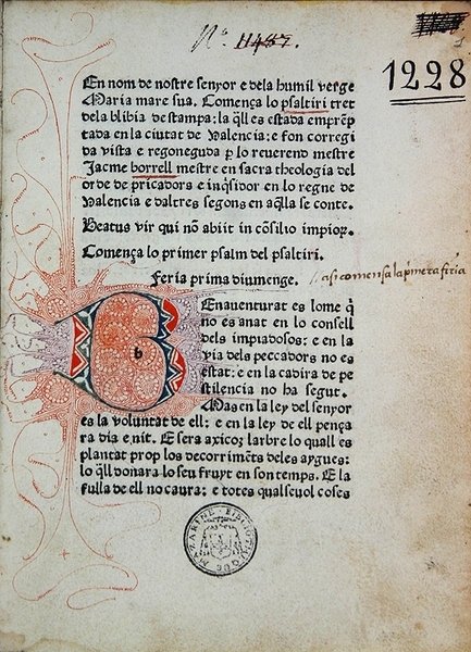 Inc 1228 Psalter of Boniface Ferrer, korrigerad av Jaime Borrell, tryckt av Nicolaus Spindeler i Barcelona 1480 (tryck & bläck på papper) av School Catalan