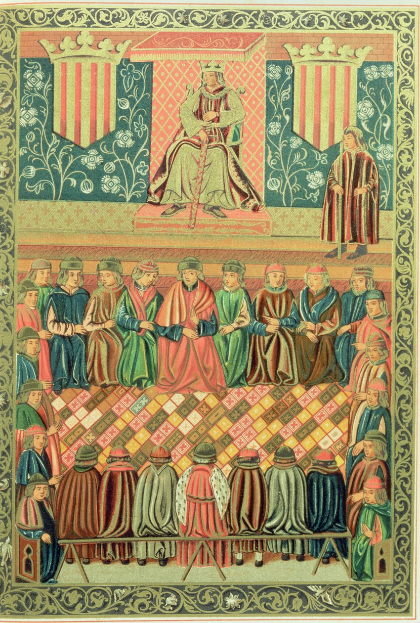 Kung James I Erövraren som presiderar över Cortes of Lleida i mars 1242, från ett manuskript av "Constitucions de Catalunya" av School Catalan