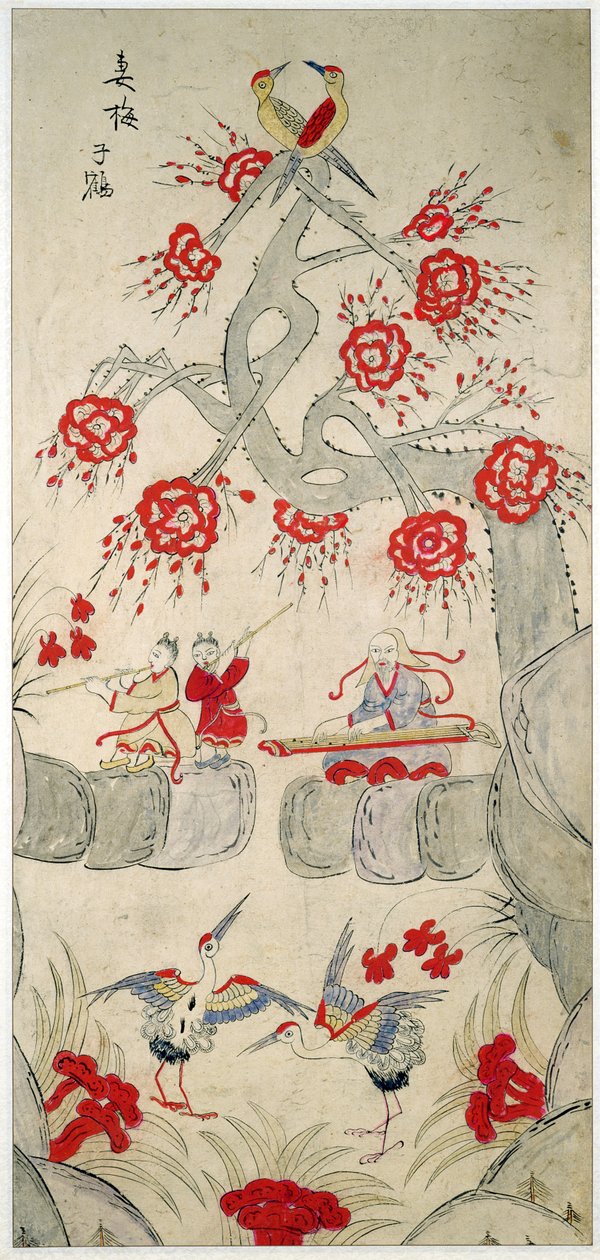 En panel från en åttafaldig skärm som skildrar kända historier från Kina (naturliga pigment på papper) av School Chinese