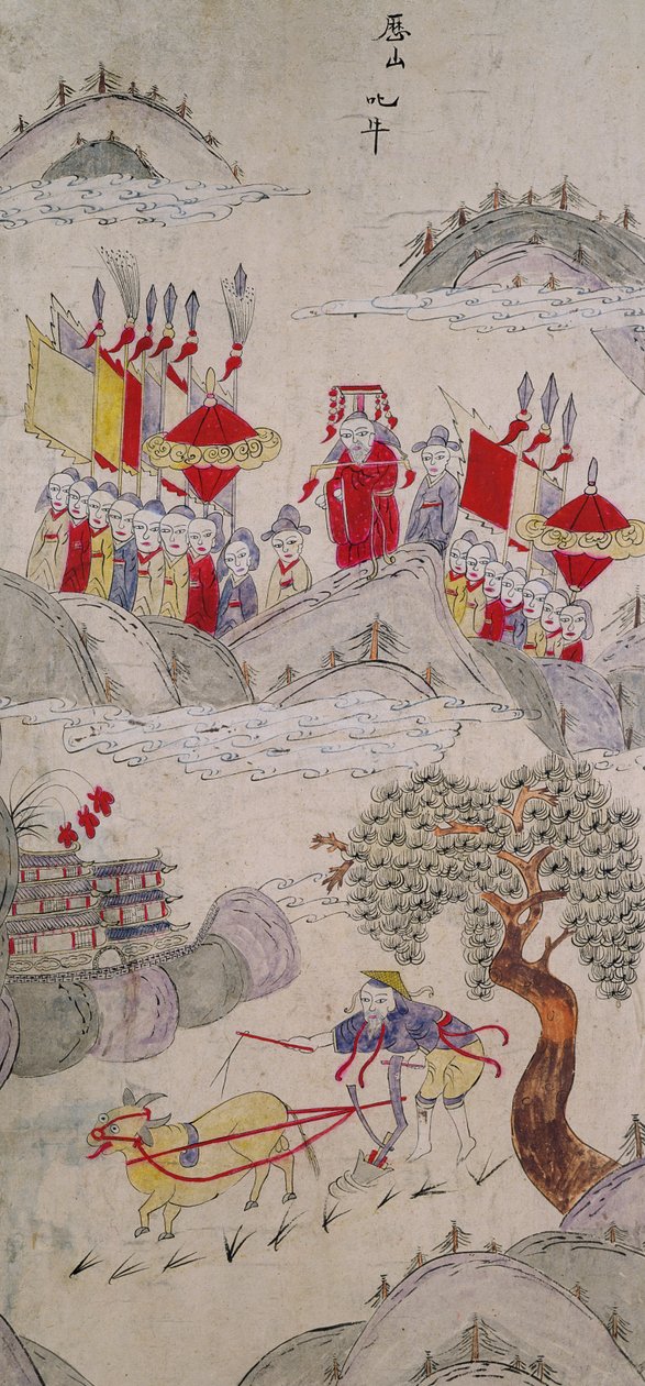 En panel från en åttafaldig skärm som skildrar kända historier från Kina (naturliga pigment på papper) av School Chinese