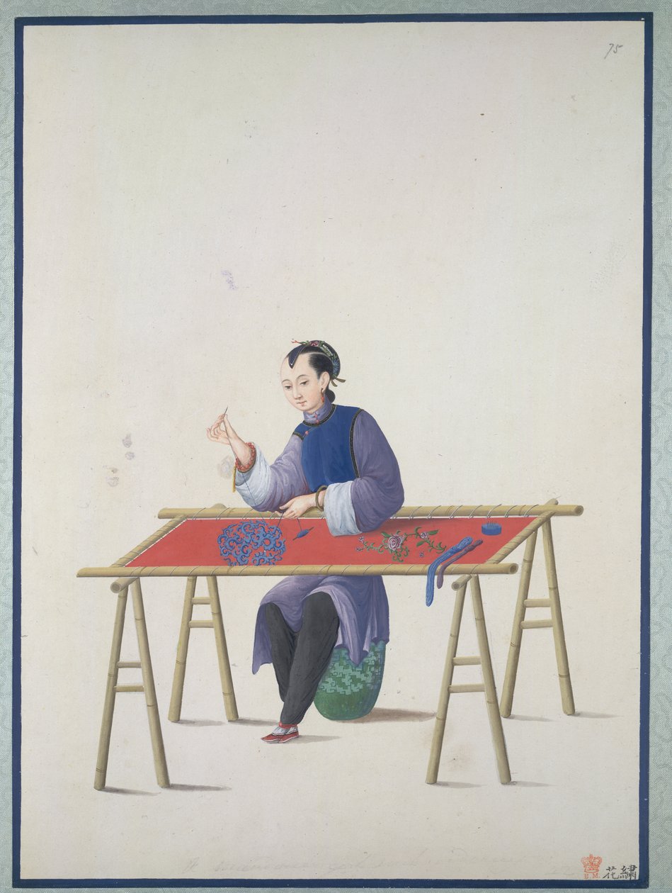 En kvinna som broderar, ca 1800 (akvarell på papper) av School Chinese