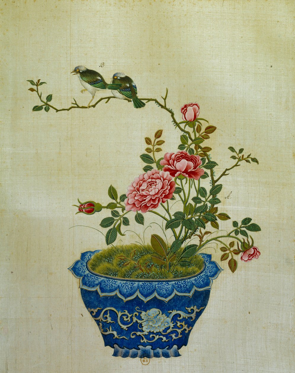 Konst Kina: målning på sidenblommor och fåglar. Anonym av School Chinese