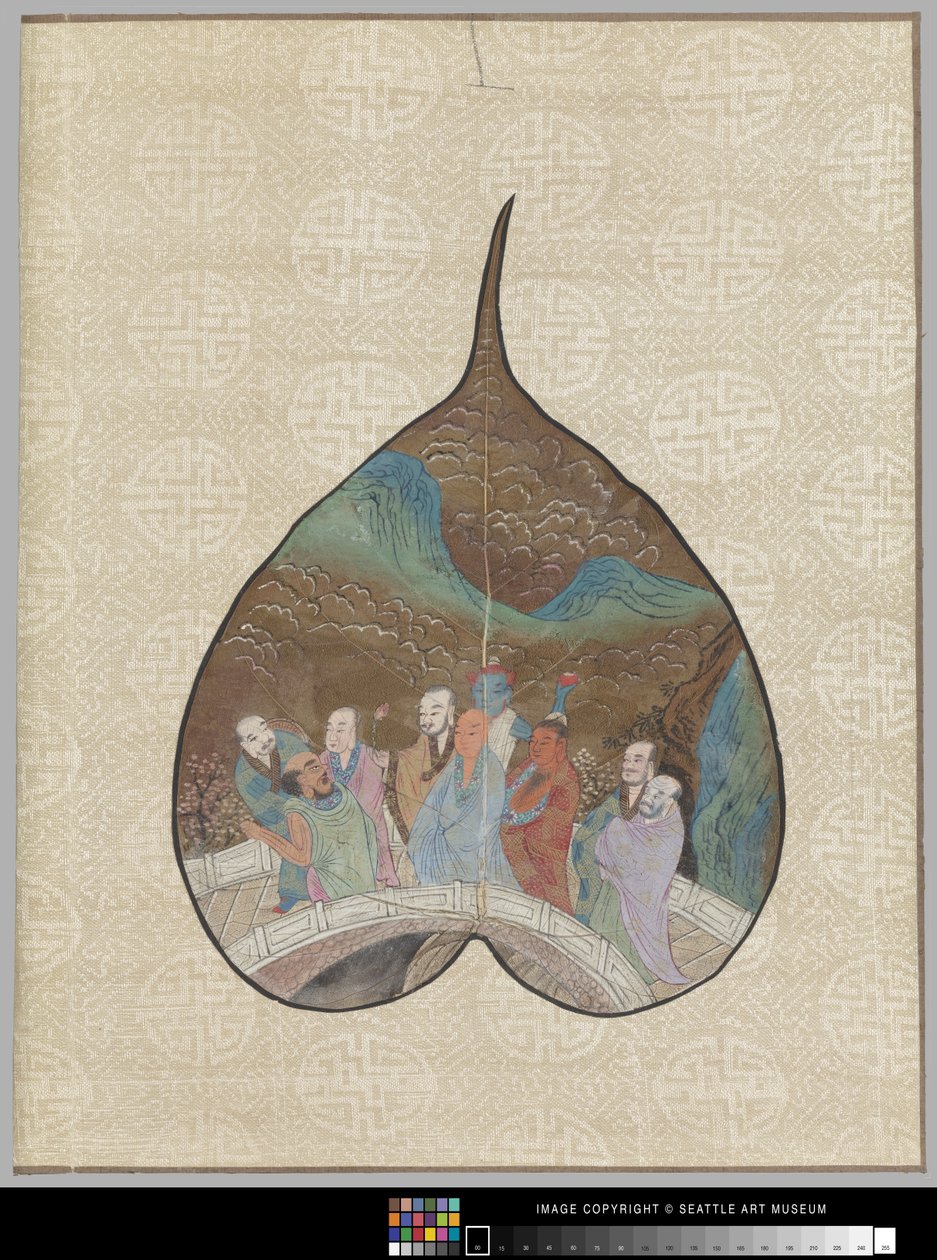 Bodhi blad med Luohan målning (bläck och färg på blad) av School Chinese