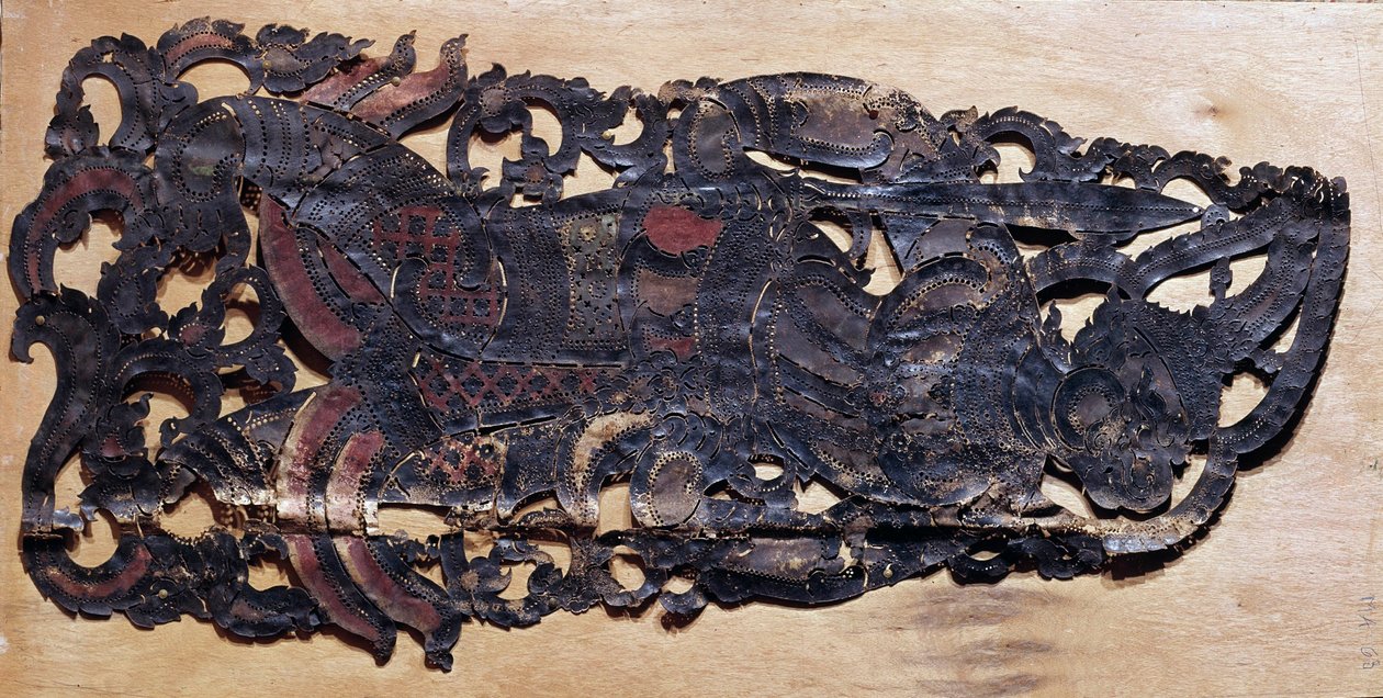 Kinesisk konst: nötskinnskuren för lek av kinesiska skuggor under teaterföreställningar från Nang-eran. Paris, Guimet Museum, Asian Arts Museum av School Chinese