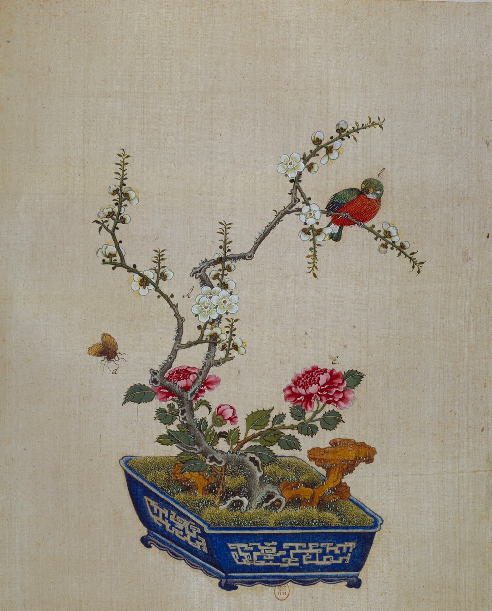 Kinesisk konst: blommor och fåglar (bonzai). 1700-tals sidenmålning. Paris, B.N. av School Chinese